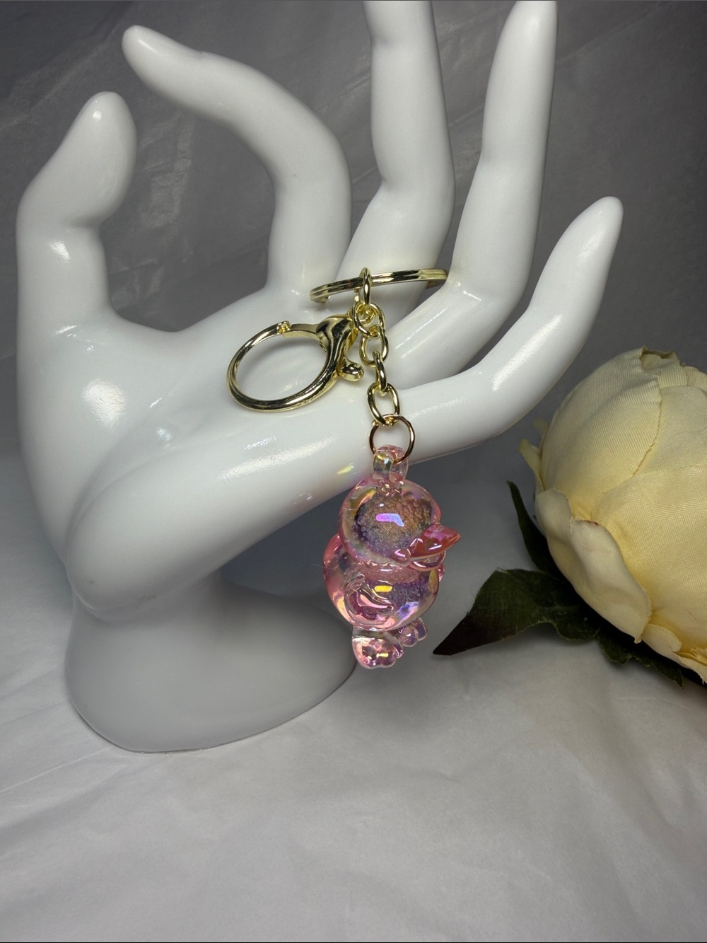 Pink Iridescent Glass Duck Keychain - Gold Hardware